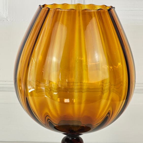 Vintage 1960s MCM Mid century amber brown glass pedestal bowl vase 5 x 12 - Picture 11 of 16